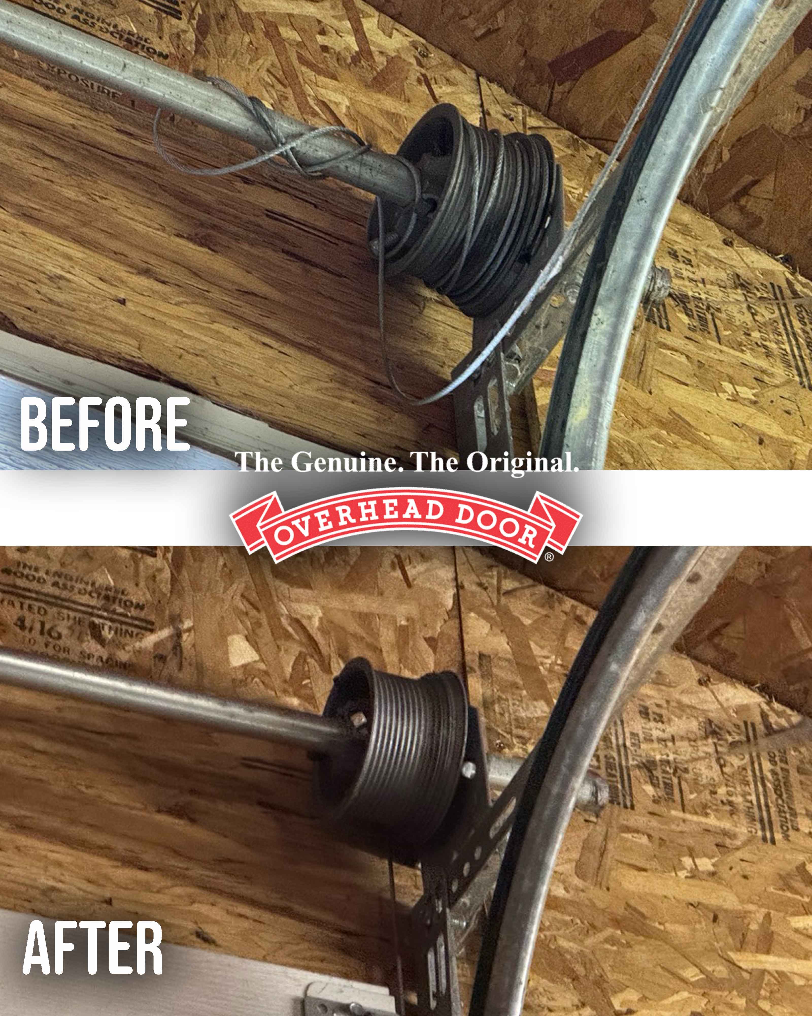 Frayed garage door cable showing visible wire strand damage