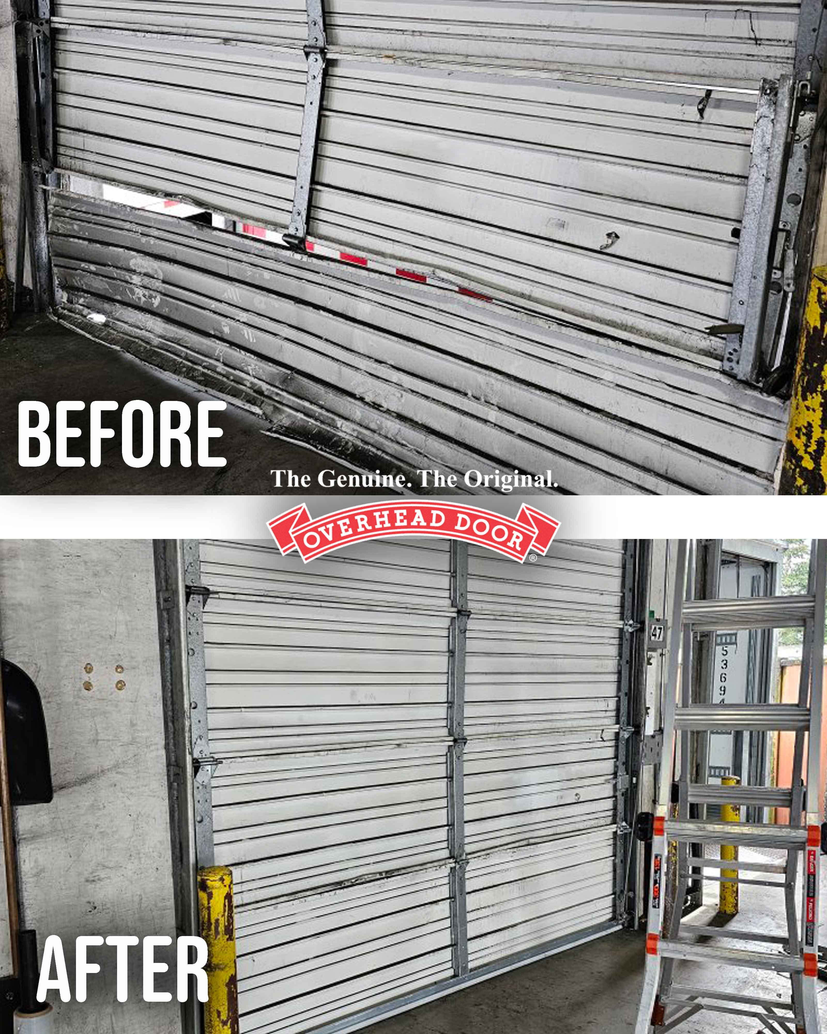 Damaged commercial sectional door panel from forklift impact